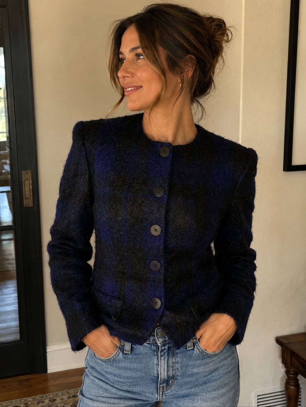 Womens 90s Vintage Mohair Blazer Jacket Size 4 Blue Black Plaid Wool